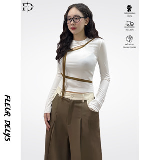 Áo Thun Dài Tay Nữ Fleurdelys Màu Trắng Phối Viền Nâu DLAC201
