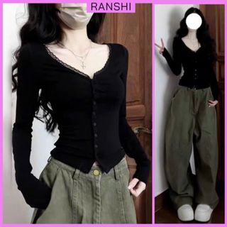 [CÓ SIZE] Áo Thun Dài Tay Cổ Tim Ren RANSHI Ôm Body Sexy Quyến Rũ Chất Thun Cotton