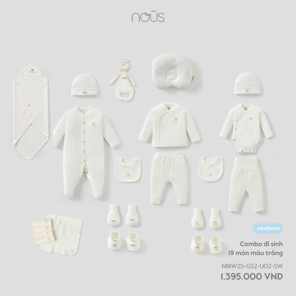 Nous Newborn Combo đi sinh, set quà tặng 16, 18 và 19 món sơ sinh phối màu sắc bé dưới 5.5kg  BST T5