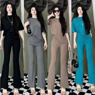  Đồ bộ nữ set đồ bộ quần ống loe có túi và áo tay ngắn thun gân tăm lạnh đồ mặc nhà nữ 