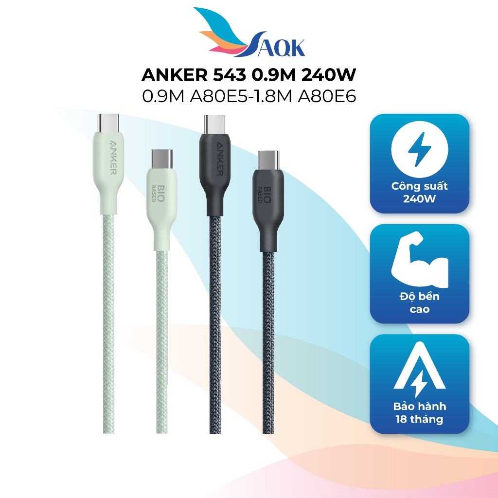 Cáp USB Type-C to Type-C Anker 543 0.9m 240W 0.9m A80E5/1.8m A80E6 - Hàng chính hãng