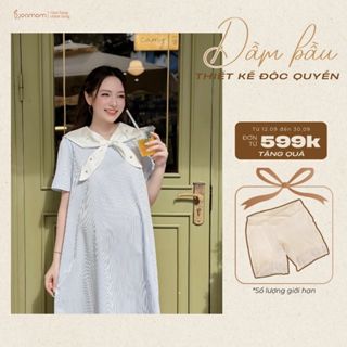 Váy Đầm Bầu Công Sở Dáng Suông Kẻ Phối Cổ Nơ Đính Đá Thiết Kế Joamom JVB0075