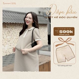 [Bestseller] Váy Bầu Đầm Bầu Joamom Cotton Kẻ Hàn Cổ Lá Sen Thanh Lịch - Chất Cotton Hàn Cao Cấp - JBVB121