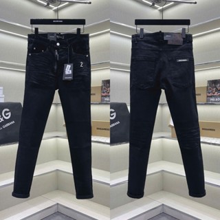 Quần jean bò nam Dsq2 slimfit đen trơn khoá lệch tag logo số 2 đùi vải denim dày dặn đơn giản QJ470P