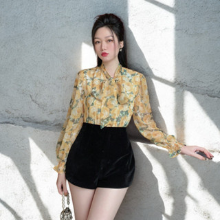 Áo sơ mi nữ họa tiết hoa công sở cổ nơ tay bèo oxatyl A104  2 lớp chất vải tơ mát mùa hè