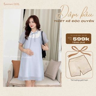 [SALE 20%] Đầm Bầu Joamom Voan Xanh Baby Doll Cổ Ren Nơ Che Bụng Cực Đỉnh Mặc Mát Cả Thai Kỳ Vb993