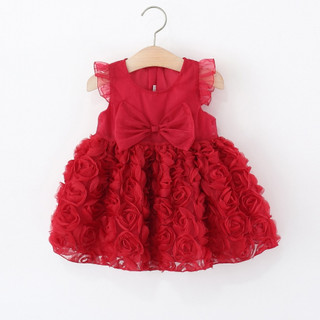  Váy bé gái chiffon babydoll cánh tiên đầm đỏ công chúa xoè lưới voan đính hoa hồng trẻ em mặc múa lễ tết tiệc chụp hình 