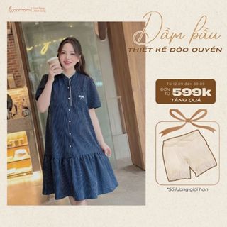 Váy Đầm Bầu Công Sở Cổ Tàu Phối Ren Cách Điệu Thiết Kế Joamom JVB0061