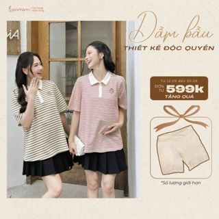 Áo Bầu Thun Cotton Joamom Kẻ Dáng Suông Cổ Polo Tay Lửng Kẻ Đỏ - Chất Thun Mềm Mát - JBAB018