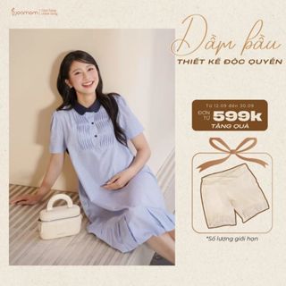 [NEW] Đầm Bầu Suông Đuôi Cá Xếp Ly Cổ Sen Công Sở Thanh Lịch Chất Oxford Kẻ Sọc Thoáng Mát - JTVB142