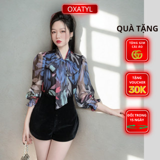  Áo sơ mi voan hoa thắt nơ cổ dài tay họa tiết hoa sang trọng OXATYL A104 