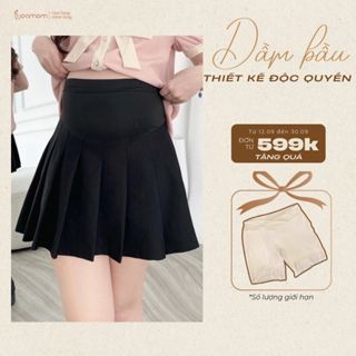  Chân Váy Bầu Freesize Joamom Xòe Xếp Ly Cao Cấp Chun Điều Chỉnh Co Giãn Thoải Mái Có Lót Quần - CV046 