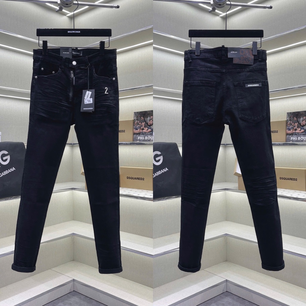 Quần jean nam D2 đen trơn khoá lệch nhăn 3D tag logo số 2 đùi dày dặn basic QJ470P