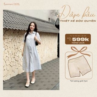   HOT 2025  Váy Bầu Cotton Joamom Kẻ Họa Tiết Nơ Dáng Suông Thanh Lịch - Chất Cotton Mềm Mát - JBVB117 