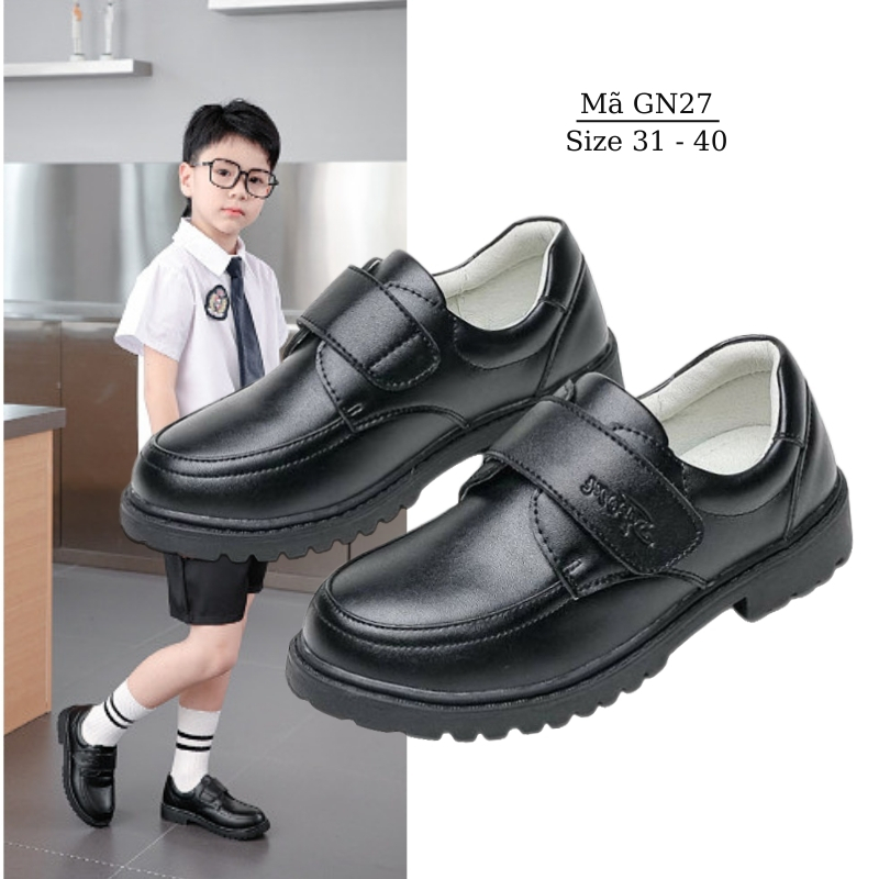 Giày da bé trai học sinh nam tiểu trung học, Giày Tây màu đen bé trai da bò cao cấp thiết kế hiện đạ