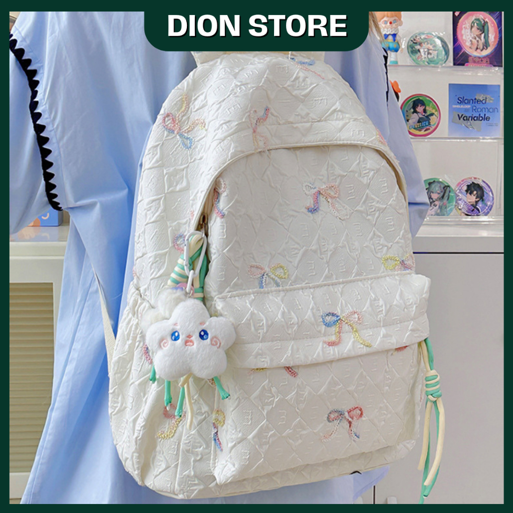 Balo nữ balo đi học hình nơ thêu nổi thời trang dễ thương phong cách Hàn Quốc Cặp nữ đựng laptop 15 inch 2026 DIONSTORE