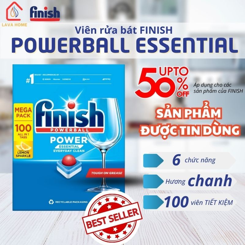 Viên rửa bát Finish Power Essential All in 1 - Hộp 100 viên Hương chanh cho Máy rửa chén bát