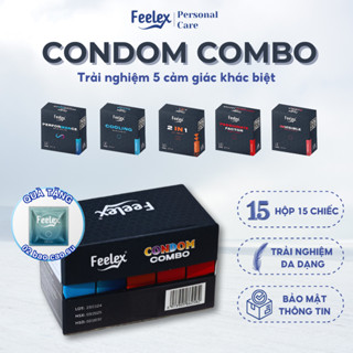 Combo bao cao su Feelex siêu mỏng 5 in 1 đa dạng, nhiều tính năng, nhiều gel bôi trơn - 15 chiếc