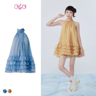 Đầm cổ yếm dáng suông xếp tầng bèo đính nơ nữ tính Blue Chiffon Halterneck phù hợp đi biển OLV