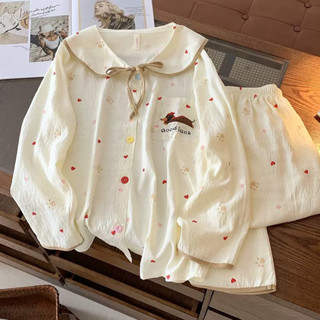   Sẵn  Bộ ngủ pyjama nữ dài tay hoạ tiết nhiều màu chất đũi cổ sen tiểu thư mặc nhà thu đông 