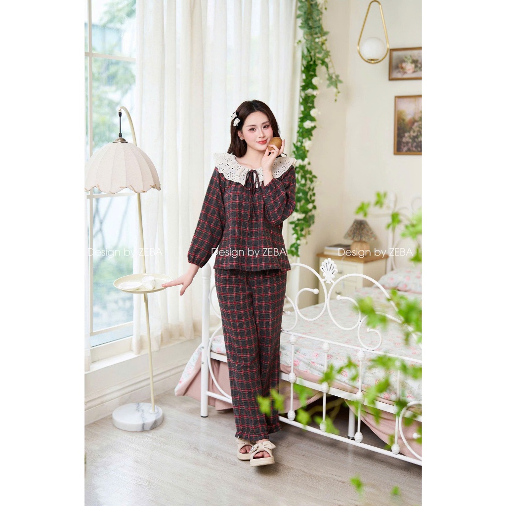 Bộ mặc nhà nữ ZEBA kẻ Hàn phối ren ánh kem M3316