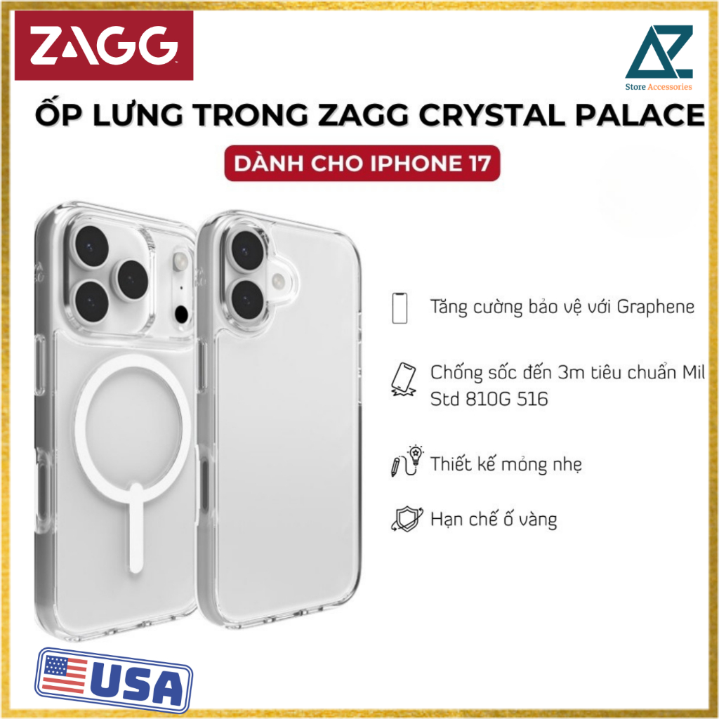 Ốp lưng trong siêu mỏng cho iphone 17 series ZAGG Crystal Palace Lite/ Crystal Palace Lite Snap sạc 