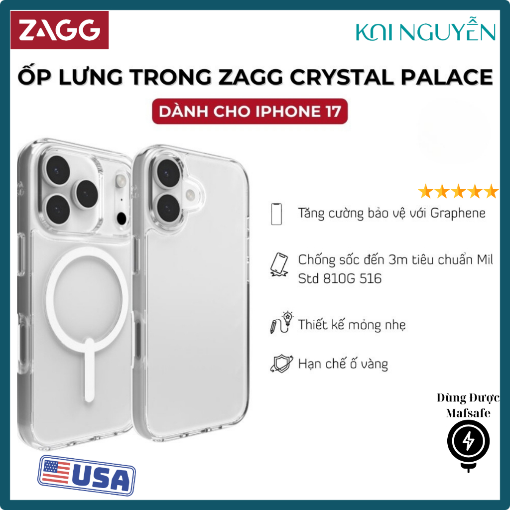 Ốp lưng mỏng nhẹ trong suốt chống ố vàng ZAGG Crystal Palace Lite/ Crystal Palace Lite Snap sạc từ t