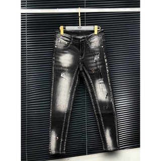  Quần jean dài nam xẻ thân hàng VNXK co dãn chất bò vải dày rách xước loang nhẹ đẹp co giãn chuẩn form Thành_Store 