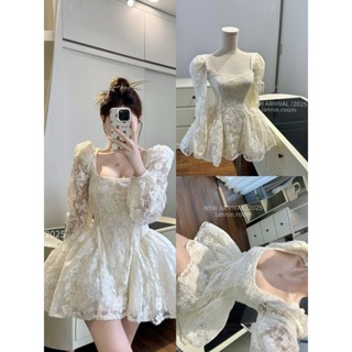 lynchic- ĐẦM LANNIE ROOM BE KEM HOA REN 2 LỚP THÂN DÀI TAY VAI BỒNG 4 MÙA