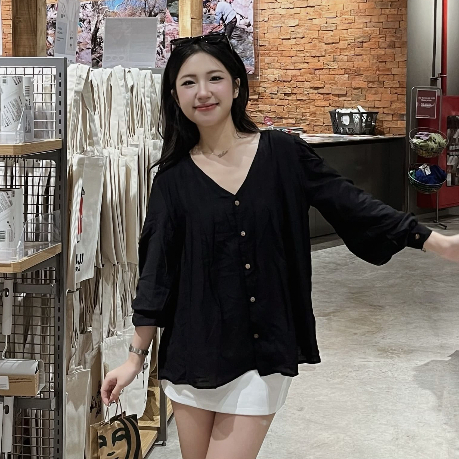  Áo Sơ Mi Babydoll Đũi Nữ Form Rộng Tay Bồng Cổ Tim Mùa Thu Đông Dáng Basic Mặc Đi Học Đi Làm Kimee - KA637 