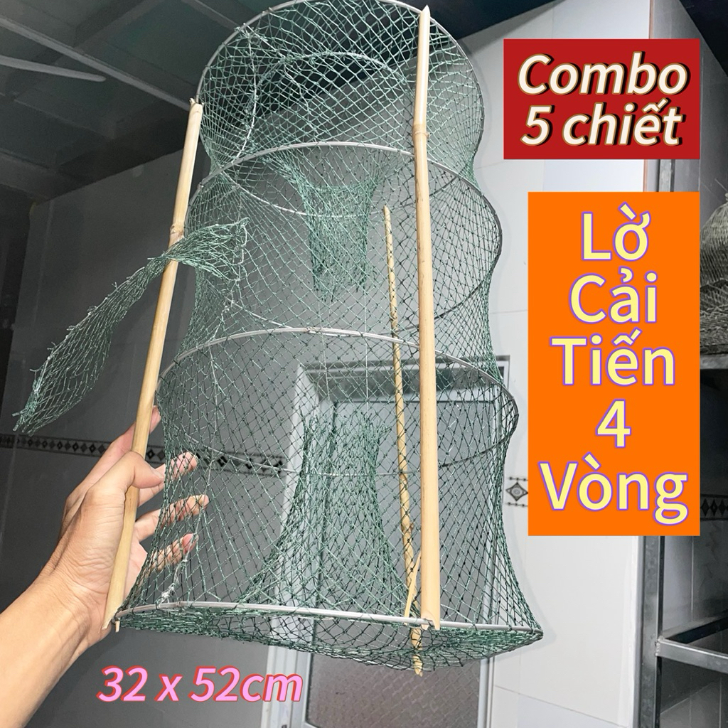 Combo 5 chiết lờ cải tiến 4 vòng, lờ bắt cá 32 x 52cm - Kèm 15 thanh tre chống Fishing