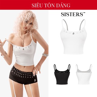 Áo croptop hai dây phối khoen kim loại SISTERS dây áo tùy chỉnh logo inox sang trọng màu đen, trắng Base | SS-T64