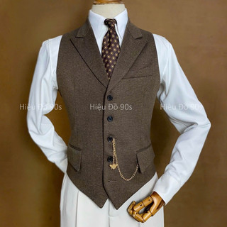 Waistcoat / gile nam màu nâu đất vải họa tiết xương cá chìm cổ vest ve to nhà may Hiệu đồ 90s