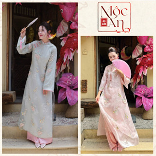 Ao Dài  Ngọc Ẩn Vải Voan Tơ Mềm Thêu Hoa Sen May Hai Lớp 4 Tà Thiết Kế Sang Chảnh - Áo Dài Mộc An