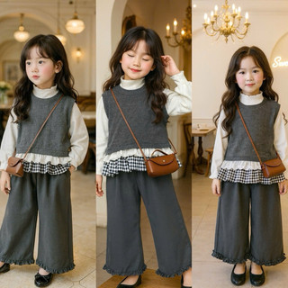  262- set 3 món len tăm xinh chất mềm mịn áo gi-lê áo thun tăm cổ cao quần thô bèo xinh cho bé gái  9-33kg  