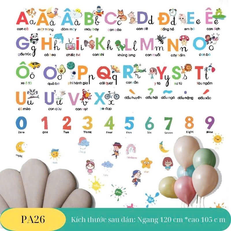 decal dán tường bảng chữ cái số đếm