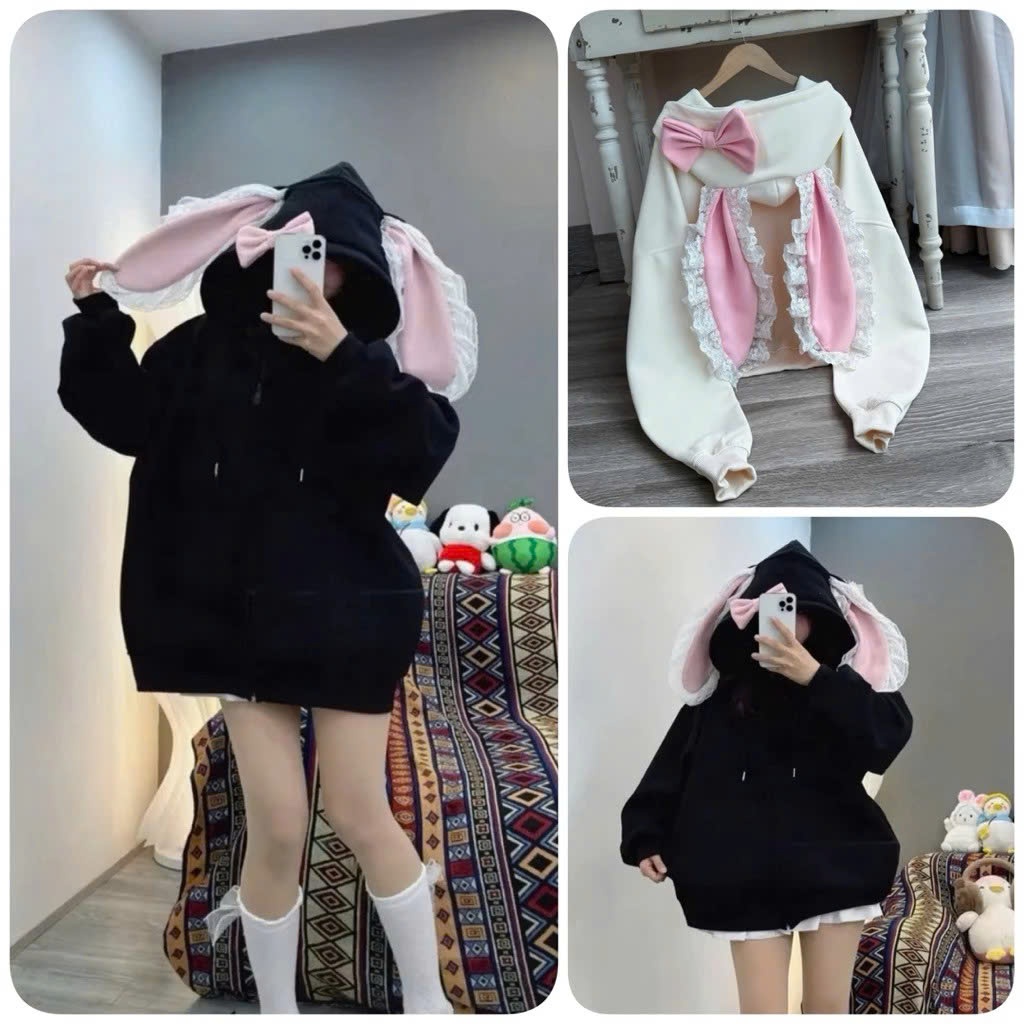  Áo khoác Tai Thỏ Hồng Siu Cute Kèm Nơ Cài. Hoodie zip chất nỉ ngoại form rộng unisex 