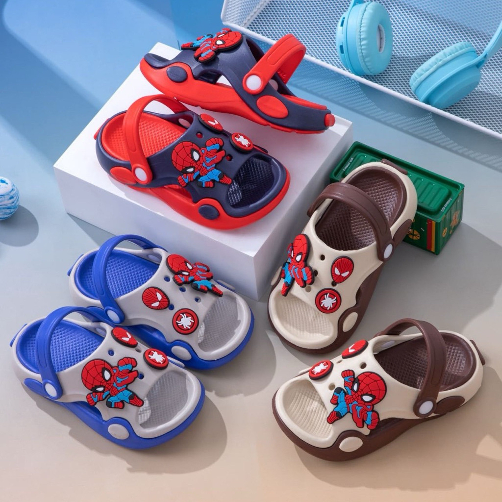 XE HƠI Dép bánh mì cho bé trai hình siêu nhân nhện nhẹ mềm có quai sau đi học thiết kế phong cách mạnh mẽ