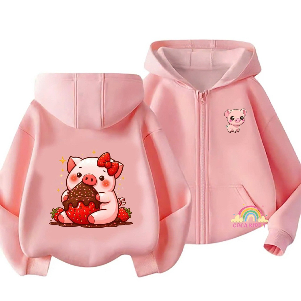 Áo khoác HEO DÂU TÂY cho bé chất liệu nỉ mềm mại có mũ và khóa kéo dày dặn ấm áp cho mùa thu đông CO