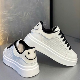 Giày Sneakers nam full da họa tiết logo mặt cười trẻ trung, cá tính đế 5cm cao su