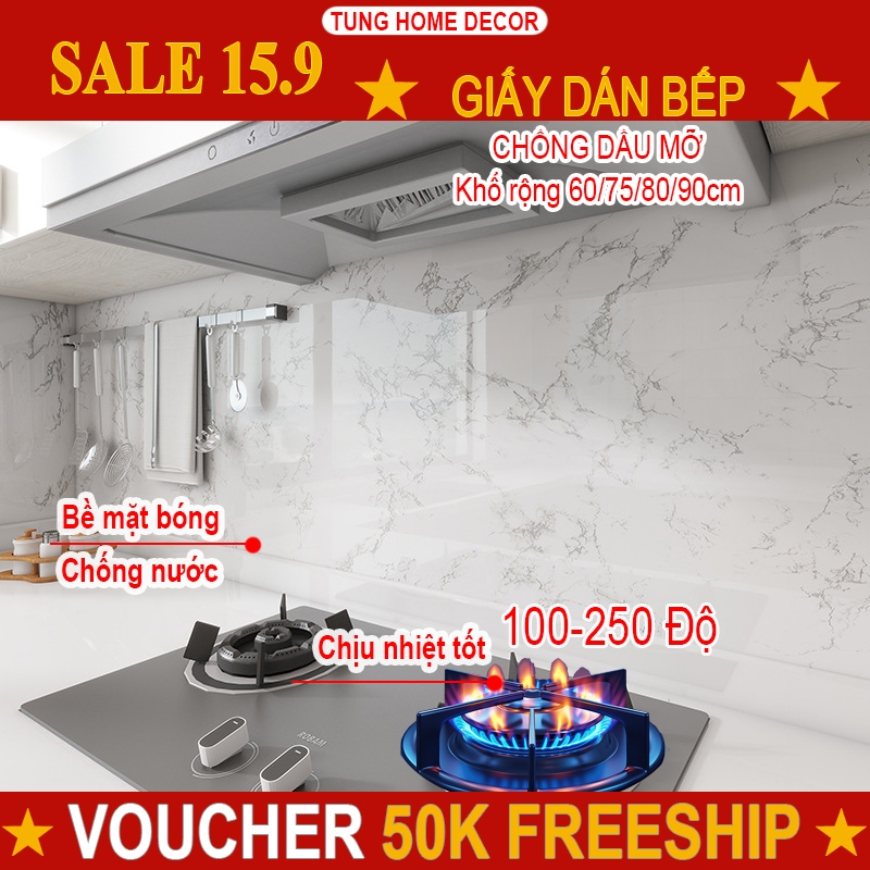 Giấy dán bếp chịu nhiệt 100-250 độ có tráng nhôm. Decal dán bếp chống nước - dầu mỡ khổ rộng 60/75/8
