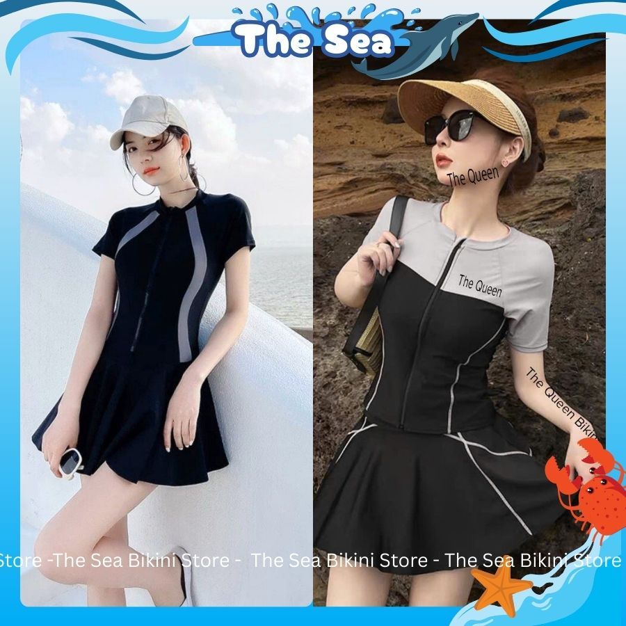 Đồ bơi nữ kín đáo bikini liền thân váy xòe có quần bảo hộ áo khóa kéo màu đen phối xám tay dài ngắn The Sea 010 | BigBuy360 - bigbuy360.vn