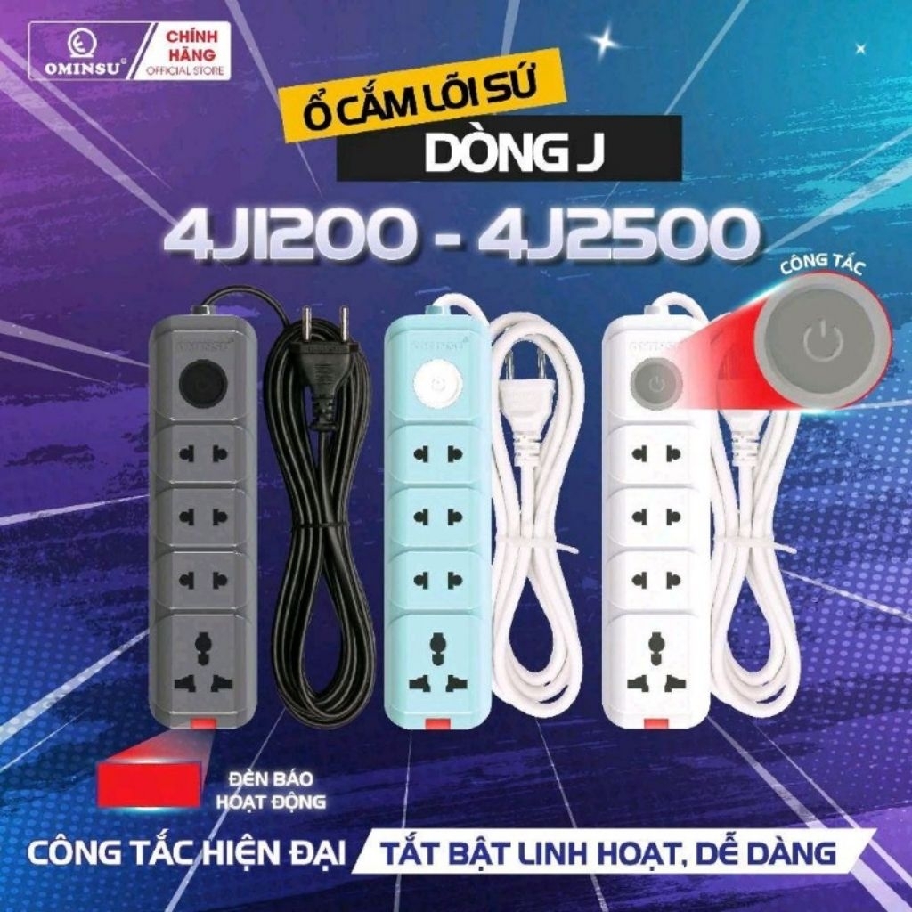 Ổ CẮM 4 LỖ LÕI SỨ DÒNG J THƯƠNG HIỆU OMINSU. ổ cắm lõi sứ , chịu nhiệt cao, ,chống quá tải