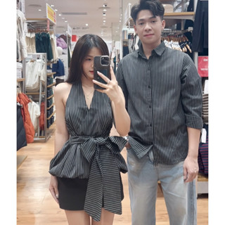    S - 70   Set đồ đôi nam nữ couple áo nữ sọc cổ yếm cột nơ eo và áo sơmi nam sọc  đồ đôi mặc đi chơi với người yêu 
