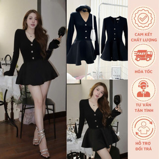  Váy đầm nữ dài tay cổ tim đính cúc đá chất thun tăm phối chân xòe Tafta siêu xinh 