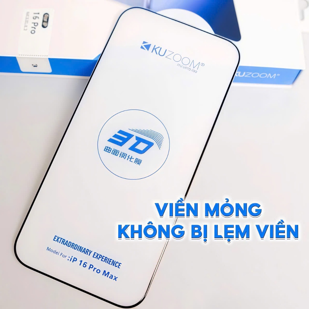 Siêu Kính cường lực KUZOOM 3D mép cong 3D ôm sát, không lẹm màn hình dành cho ip 17 16 15 14 pro max