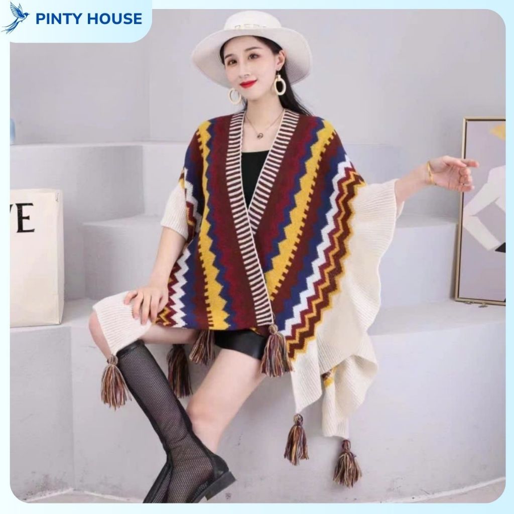 Khăn choàng cổ , khăn len thổ cẩm viền bèo xinh xẻo cho nữ,áo choàng thổ cẩm cho nữ