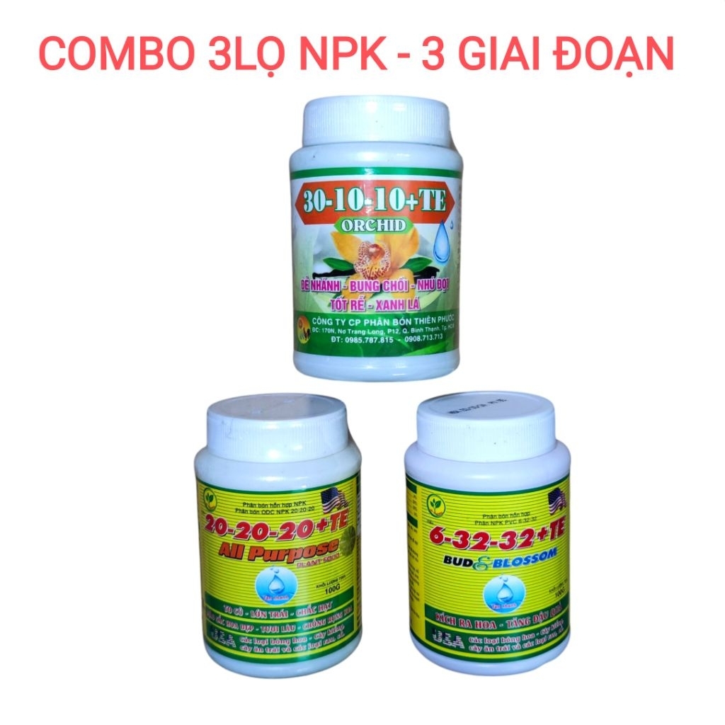 Phân bón NPK dùng 3 giai đoạn phát triển chính Lan (NPK 30-10-10, NPK 20-20-20, NPK 6-32-32) Lọ 100g