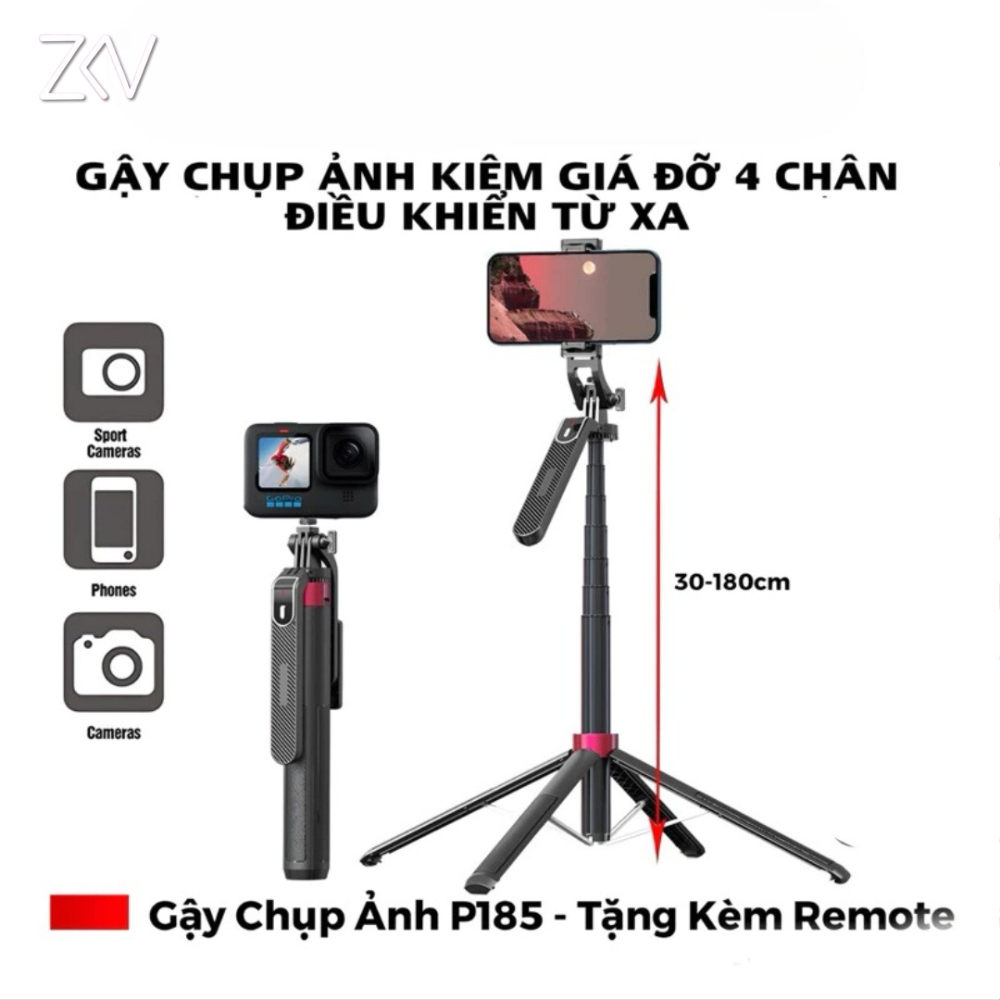 Gậy Chụp Ảnh Tripod Bluetooth P185 – Gậy Tự Sướng 4 Chân, Kèm Remote, Dài 30-180cm
