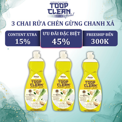 Combo 3 Chai Nước Rửa Chén Thảo Mộc TOOP CLEAN 400G Hương Gừng Chanh Xả - Công Nghệ Safe Clean Power